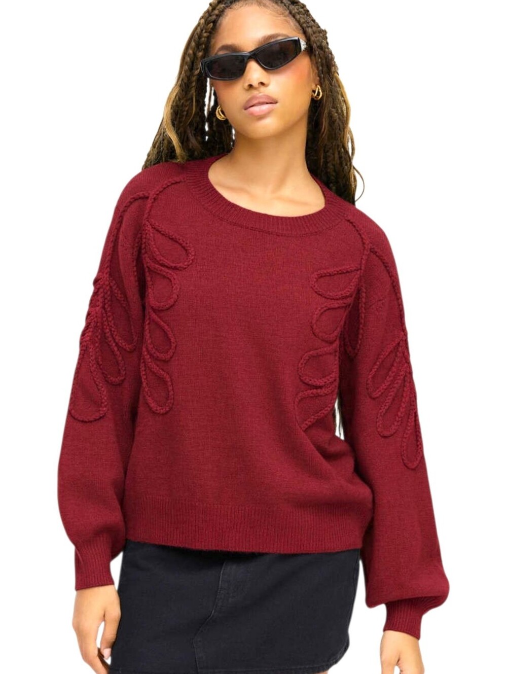 Cider Leaf Braid Oversized Sweater Red Balloon Sleeve Braid Soft Knit  XL NWT